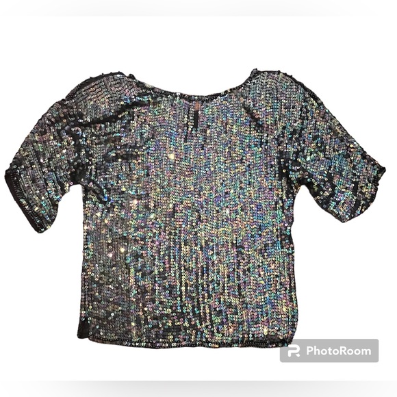 Vintage Original 80's 90's Black Sequins Beaded Top Blouse F.A. Chatta Medium - Picture 6 of 12